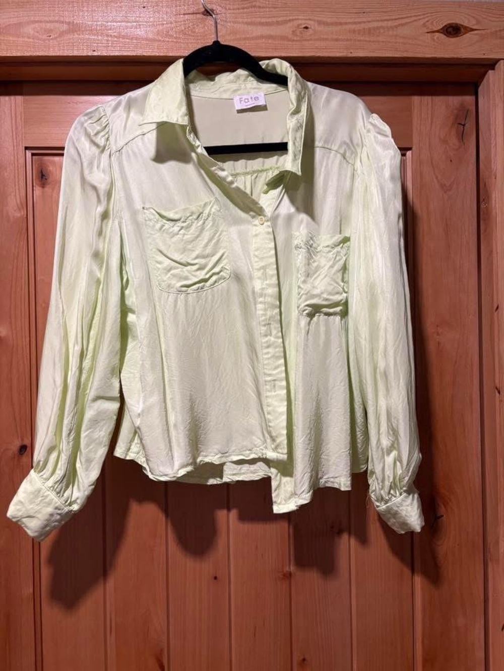 Fate Pale Lime Silk-Blend Button Front Blouse